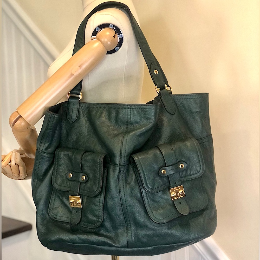 RALPH LAUREN Rich Green Leather Two Handle Tote Bag Interior & Exterior Pockets